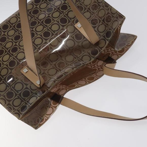 Salvatore Ferragamo Gancini Tote Bag Vinyl Brown Silver Auth BA2989